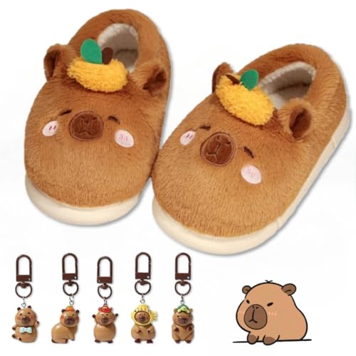 Capybara Slippers Cute House Slippers for Woman with 5 Key Chain Fuzzy Comfort Wear Slip On Bedroom Shoes Warm Wrap Heels Non Slip Chunky Sole Kawaii Animals Christmas Holiday Capybara's Lovers' Gifts