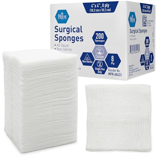MED PRIDE Surgical Sponges 200 Pack 4'' x 4'', 8 ply -Gauze Pads Non sterile -First Aid Wound Care Dressing Sponge Woven Medical Nonstick, Non Adherent Mesh Scrubbing Bandages Disposable, Absorbent