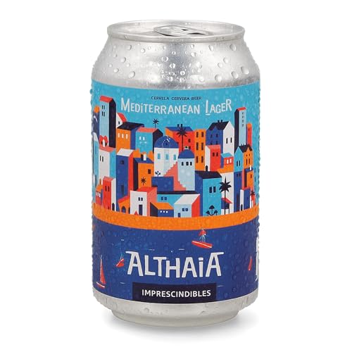 Althaia Mediterranean Lager – Cerveza Artesana Rubia Natural – Lata 33cl – 5% Vol – Lager Suave, Refrescante y 100% Natural (Pack 12 Latas, 12, unidad)