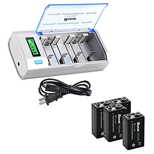 BONAI LCD Universal Battery Charger for Ni-MH Ni-CD AA, AAA, C, D, 9V Rechargeable Batteries with 9V Lithium Batteries Rechargeable 600mAh 9 Volt for Smoke Alarms Metal Detector(4 Pack)