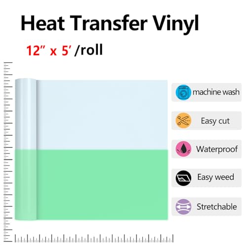 Image of HTVVETUR Glow in The Dark HTV Heat Transfer Vinyl Roll 12 Inch by 5 Feet Iron on DIY for T-Shirt PU Stretch Elastic HTV Vinyl (Dark in Glow Light Green, 5FT)