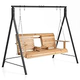 Tangkula Porch Swing with Stand, Wood Hanging Patio Swing with 2 Cupholder & Heavy-Duty A-Shaped Metal Frame, 2-Person Outdoor Swing for Backyard, Porch, Garden, Outside