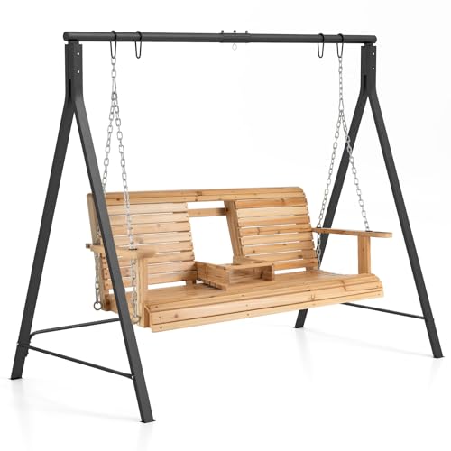 Tangkula Porch Swing with Stand, Wood Hanging Patio...