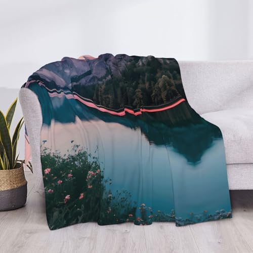 Couverture de lit lac et coucher de soleil douce 152x203 cm lavable - 5