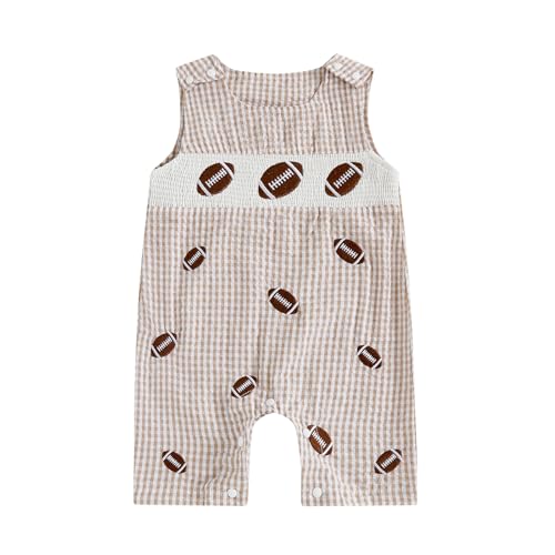 Image of Summffie Newborn Baby Boy Football Outfit Embroidery Plaid Retro Romper Sleeveless One Piece Jumpsuit Smocked Shortall