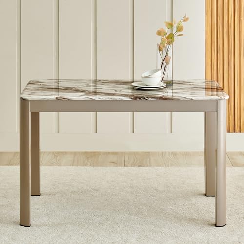 Image of Home Centre | Glam Faux Marble Top 4-Seater Dining Set with Chairs | Dining Set for Home | Faux Leather | Beige | 1 Year Warranty
