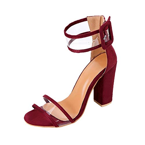 Juleya Tacón Alto Sandalias Mujer Zapatos 10cm Transparente Fornido Block Heel Sandalias Moda Hebilla Correa Zapatos, Punta Abierta Sandalias Fiesta Pumps Vino rojo 39
