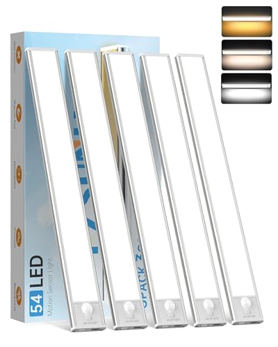PZSUNLY 5 Stück Unterbauleuchte Küche Led - Schrankbeleuchtung mit Bewegungsmelder, 54LEDs Dimmbar und USB-Ladung, 3 Farbtemperaturen,Schrankleuchte für Kleiderschrank, Küche,Treppe, 30cm