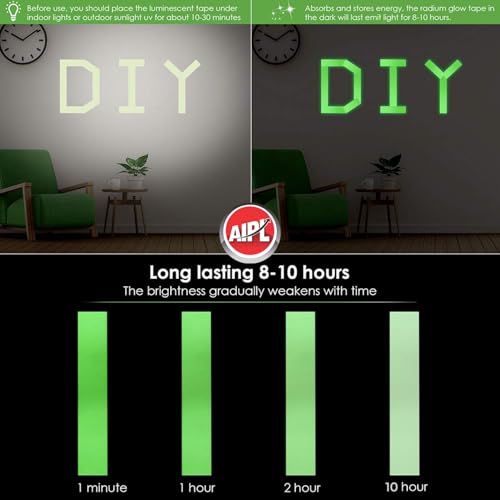 Image of AIPL Glow in The Dark Tape 20MM x 16.40 Feet Green Luminous Phosphorescent Tape for Night Visibility Safety Marking Stairs Steps Walls Theater Stages & Exit Signs