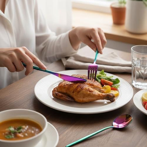 Image of 20 Pcs Rainbow Cutlery Set for Dining Table the Perfect Lightweight Silim Handle Tableware Including Dinner Spoon, Dinner Fork, Dinner Knife, Dessert Spoon & Dessert Fork