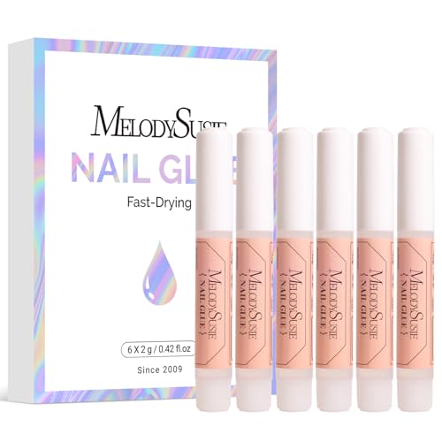 MelodySusie Nail Glue for Press on Nails Super Strong and Long Lasting Nail Glue for Acrylic Nails Adhesive Bond False Nails with Easy Application, 0.07oz 6pcs