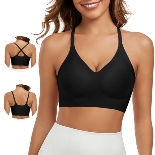 Image of Racerback Bras for Women Criss Cross Padded Bralette Pull On Comfortable Wireless Seamless Tshirt Bra