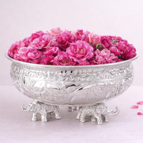 Image of Silver Decorative Metal Urli Bowl with Elephant Base | Metal Bowl for Home Entrance, Living Room, Puja Room, Housewarming, Festive Centerpiece & Diwali Decoration