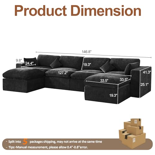 Image of 146''Cloud Boneless Modular Couch, Oversized Sectional Sofa Deep Seat with 2 Ottomans, Modern Upholstered Convertible U Shape Couch Comfy 6 Seater Chenille Sofa Couches for Living Room, Dark