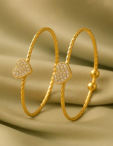 Image of Gold Plated Heart Bangle Bracelet, Twisted Rope Design with Black and Crystal Accent, Adjustable Cuff Style, Fashion Jewelry for Women