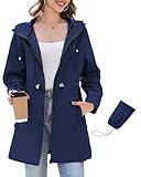 Waterproof Rain Jacket Women Lightweight Packable Raincoats for Women with Hood Long Rain Coat Windbreaker Navy X-Large
