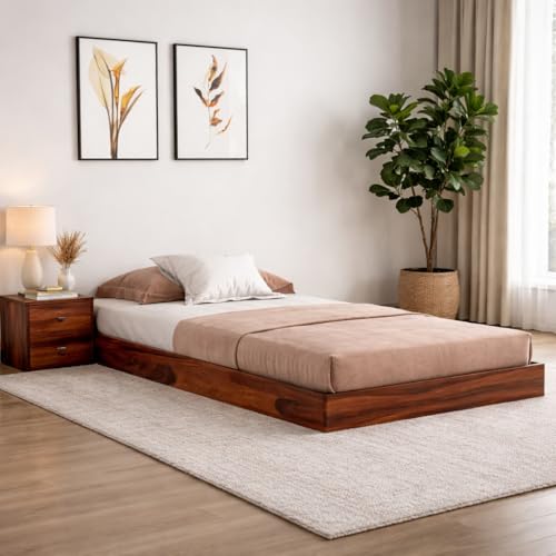 Image of Single Size Sheesham Wood Platform Bed | Japanese Low Floor Bed Frame | Solid Wooden Cot for Bedroom, Guest Room & Apartment | 6 * 3 ft| Honey Finish