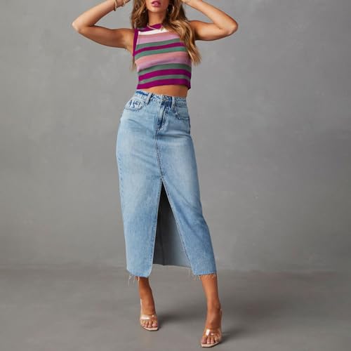 Women Casual High Waisted Denim Maxi Skirts Vintage Frayed Hem Split A-Line Long Jean Skirts with Pockets3