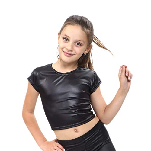 Aelstores Girls Wet Look Outfit Crop Tops Cycling Shorts Skirt Metallic Black Shiny Set 5-14 Years