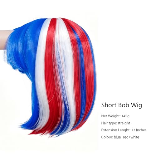 Image of Rose bud Blue Red White Bob Wig with Fringe 12 Inch Short Straight Colorful Costume Wigs for Women Cosplay Party Halloween