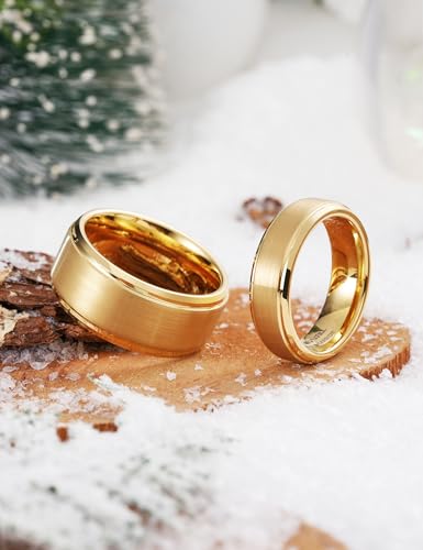 Image of King Will Tungsten Carbide Wedding Band for Men Women-4 /6 /8mm Width 14K Gold Plated Tungsten Wedding Ring Matte Brushed & High Polished Style Comfort Fit Wedding Band Size 6-14