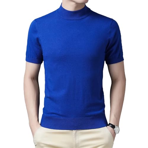 Men Solid Color Short Sleeve Half High Collar Sweater Casual Slim Knitted Pullover