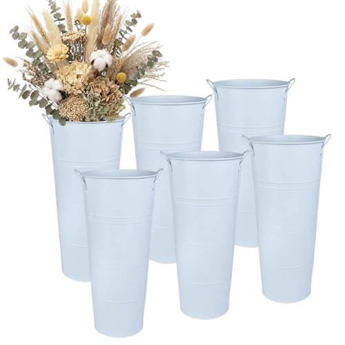 vensovo Metal Flower Bucket Vase, 15 Inch Tall Pure White Rustic Farmhouse Centerpiece for Spring Home Decor & Wedding, Set of 6