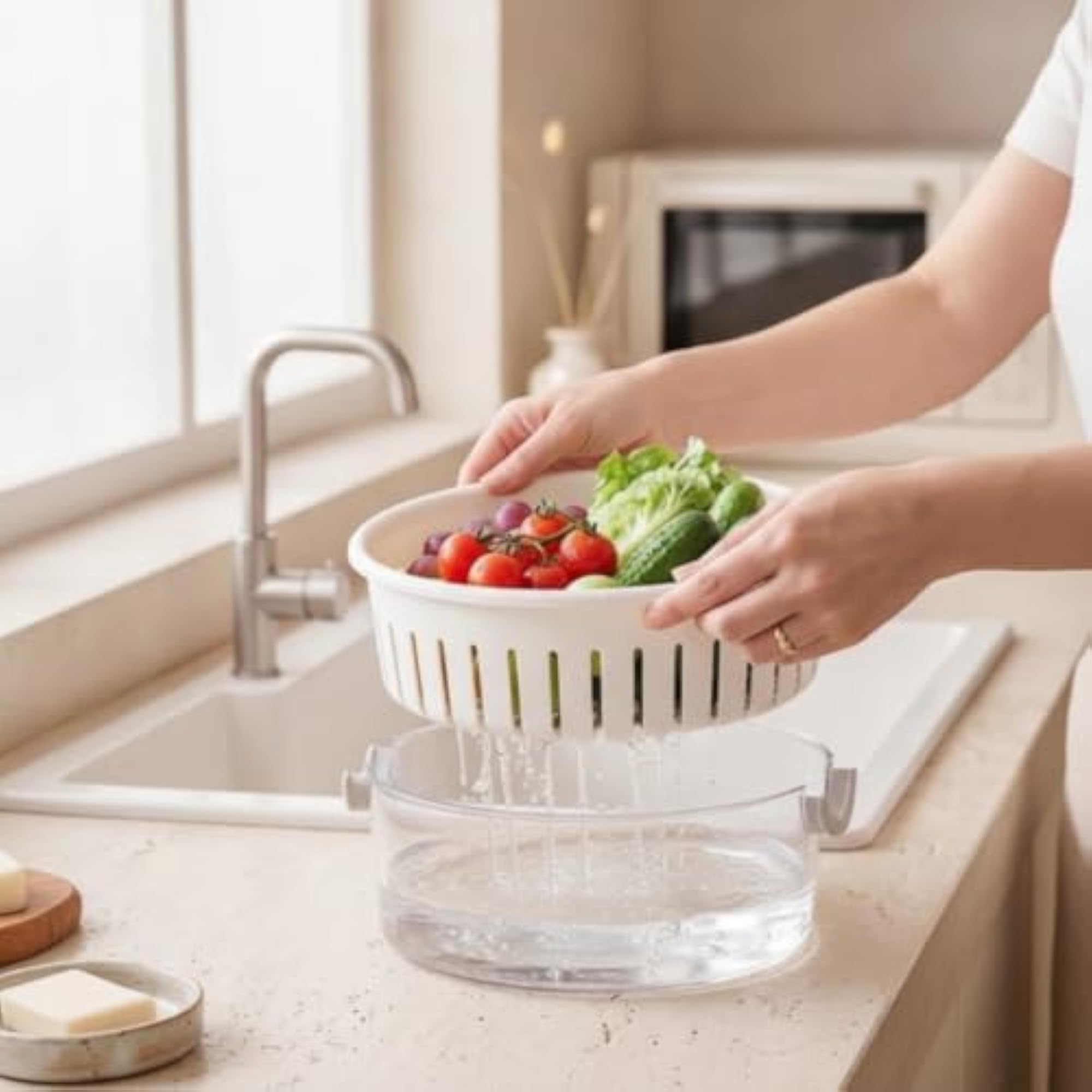 Double-Layer Fruit Washing Bowl with Strainer for Kitchen