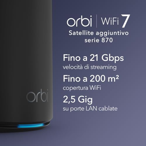 Orbi WiFi Mesh Satellite aggiuntivo, (RBE870B) WiFi 7 Tri-band Mesh, Compatibile con Orbi RBE870B, aumenta la copertura fino a 180 m2, BE21000 802.11be (fino a 21 Gbps) - Powerline - Immagine 1