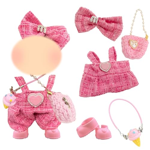 5 Pcs Rosa Puppe Kleidung für 17cm Puppen, Puppe Outfit Zubehör-Sets enthalten 1 Haarspange 1 Lätzchen Hosen 1 Tasche 1 ...
