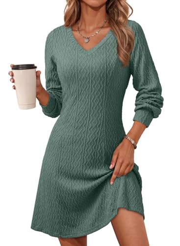 Image of Dokotoo Dresses for Women Trendy V Neck Knit A Line Long Sleeve Dress Sweater Dress