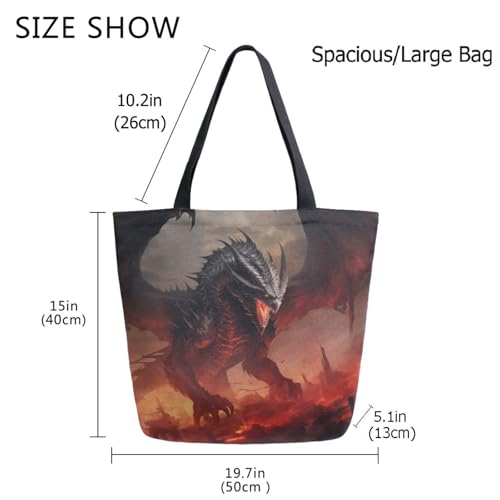 Stylish Extra Large Shoulder Grocery Tote Bag, Cool Black Dragon with Red Eyes Fantasy Canvas Daily Handle Bag for Gym Weekender Beach Travel Kitchen Reusable Market Shopping4