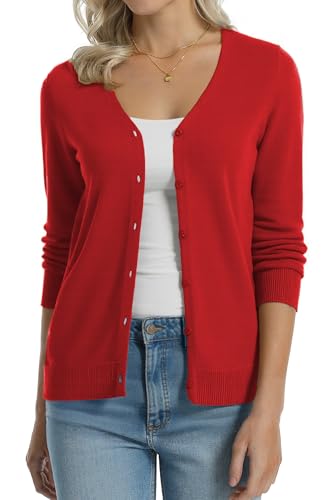 QUALFORT Women's 100% Cotton Cardigans Lightweight Long Sleeve V-Neck Knitted
