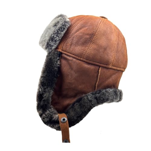 Image of Leather Aviator Russian Ushanka Trapper Shearling Sheepskin Fur Ear Flap Waterproof Winter Hat