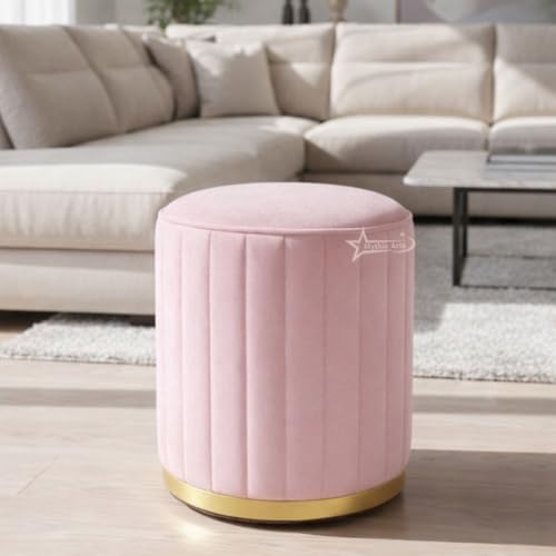 Image of Upholstered Round Linen Strip Stool Living Room Foot Rest Office Stool Pouf Ottoman Padded Seat - Pink