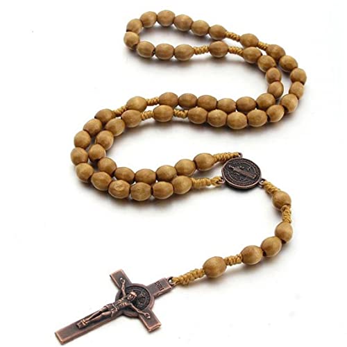 Perles De Bois Chapelet Collier Saint Benoît Médaille Catholique Croix Pendentif Collier Vintage Catholique Religieux Jésus Bijoux Cover