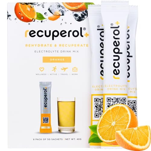 Recuperol Electrolytes Sachets | Electrolytes Powder for Rehydration | 8 Sachets | Sugar-Free Hydration Powder | Zinc, Vitamin C, B12, D3, Potassium | Natural Orange Flavour