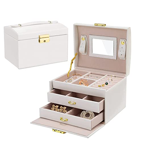 Jiubiaz Schmuckkästchen Damen, Schmuckkoffer mit 3 Ebenen, Groß Schmuckkästchen aus PU-Leder, mit Glasdeckel, für Ohrringe, Ringe, Halsketten, Armbänder und Uhren, Weiß Cover