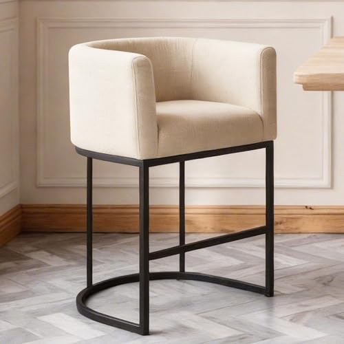 Image of 26 inch Counter Height Bar Stools Set of 1, Linen Fabric Upholstered Barrel Chairs with Back and Arms, Metal Frame Kitchen Island Stools with Footrest, Beige Fabric