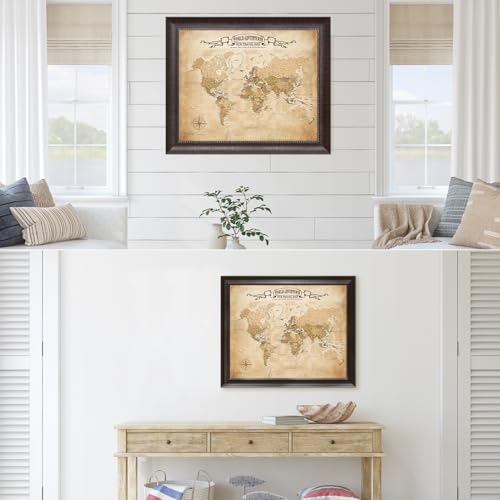 Image of DECORARTS - Personalized World Travel Map with Pins, Custom Name, Pin Board Canvas Wall Art, Antique Vintage Old World Decor, Optional Wood Frame, Giclee Print, Handcrafted in USA, 20x16''