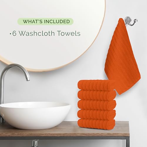 Image of Elegant Comfort 100% Turkish Cotton Corduroy Ribbed Luxury Washcloths 6 Pack Soft 13 x 13 Inch - Higly Absorbent, Durable, Quick Dry, Spa Premium Hotel Quality for Bathroom or Travel, Orange