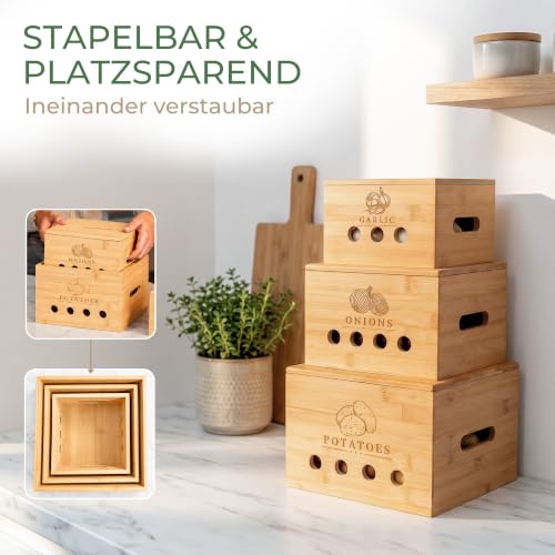 CALIDORO Premium Kartoffel Aufbewahrungsbox [3er Set] – Längerfrische Kartoffel Aufbewahrung, Knoblauch und Zwiebel Aufbewahrung… – Ansicht 5