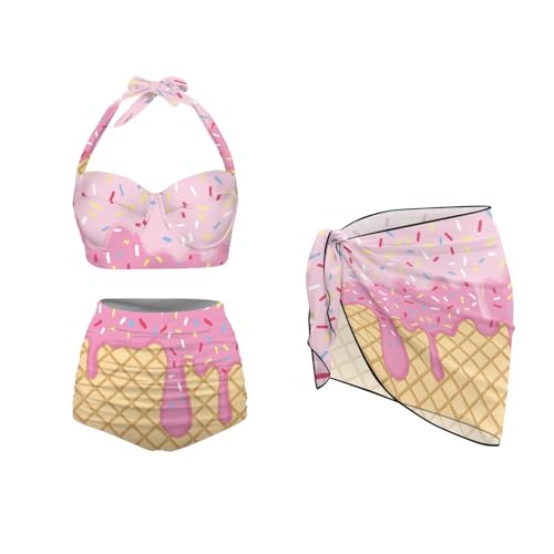 Women 3 Piece Bikini Sets High Waist Tummy Control Swimsuits with Short Cover Up Halter Bathing Suits S-XXL