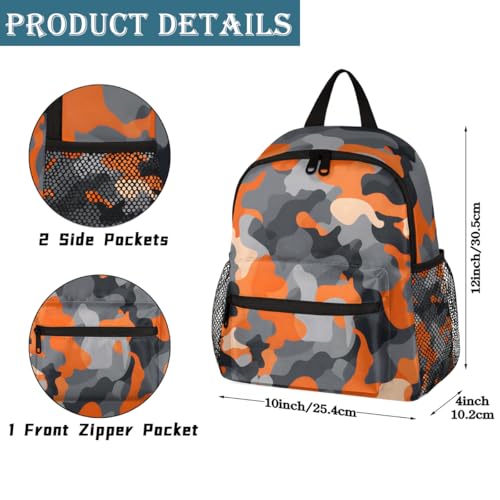 Toddler Backpack for Boys Girls, Orange Grey Black Camo Mini Kids Backpacks with Chest Strap Whistle, Preschool Kindergarten Daypack, Travel Bookbag for Children2