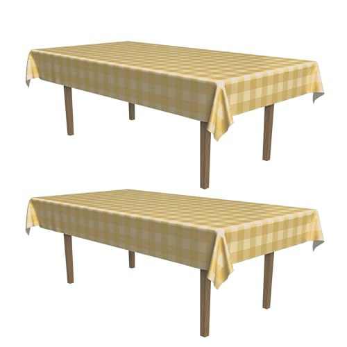 Image of Beistle Beige Cream Plaid Plastic Tablecover 54 x 108 Inch 2 Pack