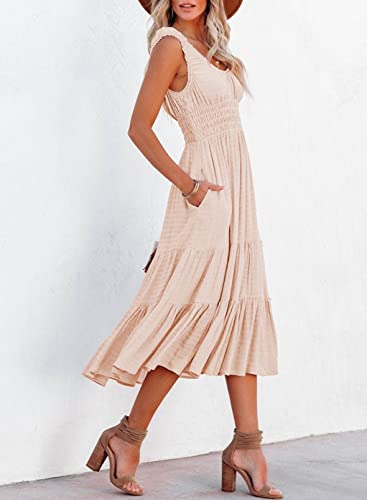 AlvaQ Women Summer Sleeveless Smocked Midi Dress High Waist Casual Tiered A Line Sundress with Pockets - Image 3