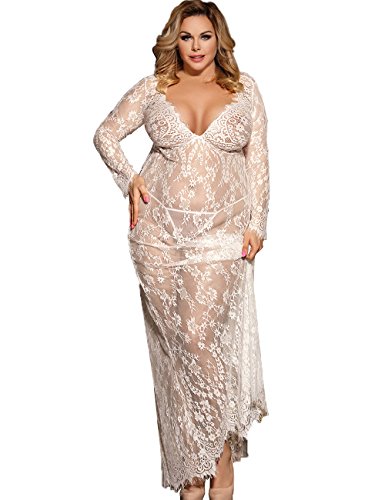Dean fast Women Plus Size Floral Lace Nightgown Long Lingerie Sleepwear Chemise White XXXL