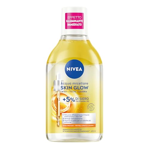 NIVEA Acqua Micellare Skin Glow 400 ml, Struccante viso e occhi con 5% siero + Aminoacid Complex, Detergente viso, occhi e labbra senza risciacquo per pelli spente e sensibili