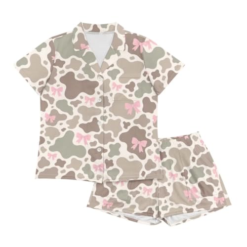 Image of Renewold Button Down Womens Pajama Set Short Sleeve Loungewear Bow Nightwear Sleepwear Night Suit Tops Shorts 2 Pieces