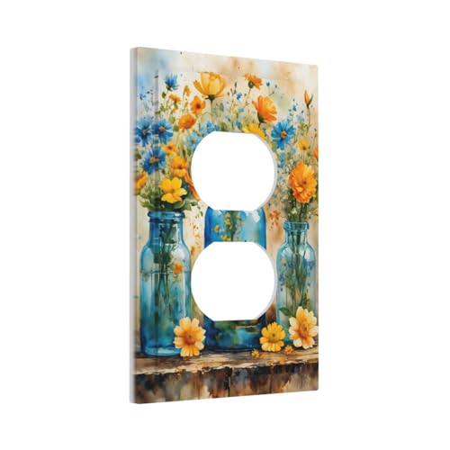Decorative Outlet Covers Rustic Yellow Flowers Floral Blue Bottles 1 Gang Duplex Light Switch Cover Plate Wall Plates for Electrical Outlets Switchplate Faceplate for Country Bedroom Decor